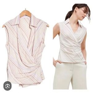 MM Lafleur Mickey Cream and Red Striped Sleeveless Wrap Blouse New With Tags!